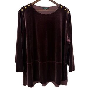 Lauren Ralph Lauren Purple Velvet Tunic Top Size 2X‎ Holiday Fairy Gold Button